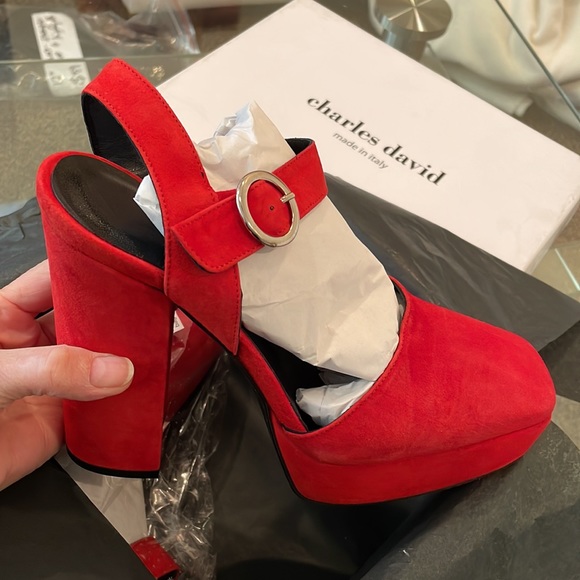 NWT Charles David red suede leather square toe buckle chunky heel platform 7/7.5 - Picture 5 of 11